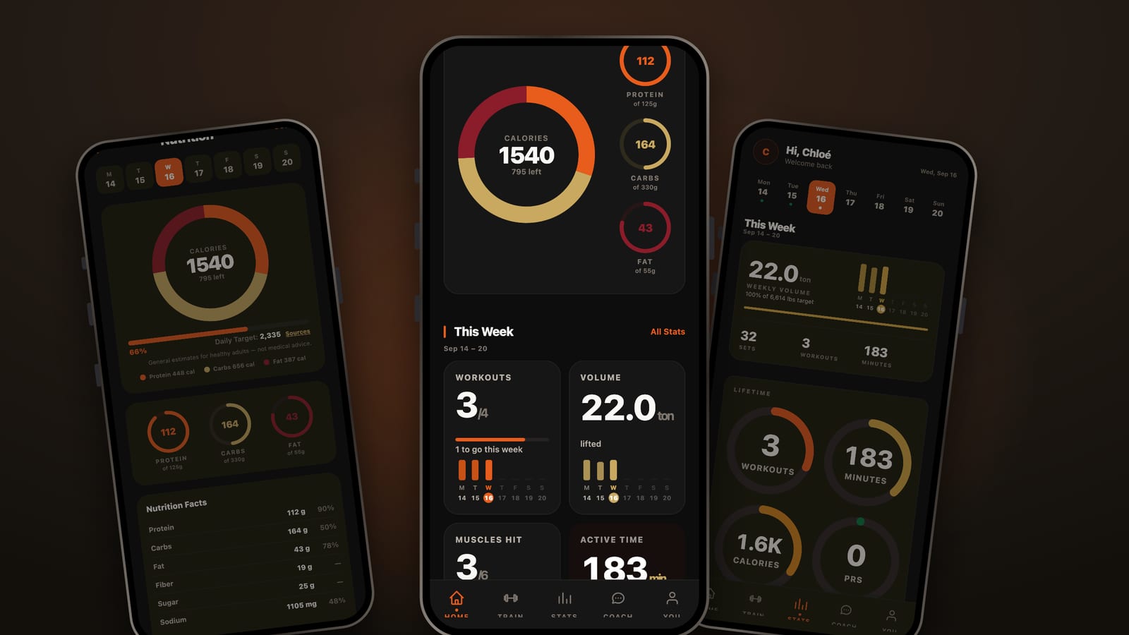 The Fittrexx app on three iPhones — the home screen showing 1,540 calories logged against a 2,335 daily target with protein, carb and fat rings, a weekly training summary, and the full nutrition breakdown for the day