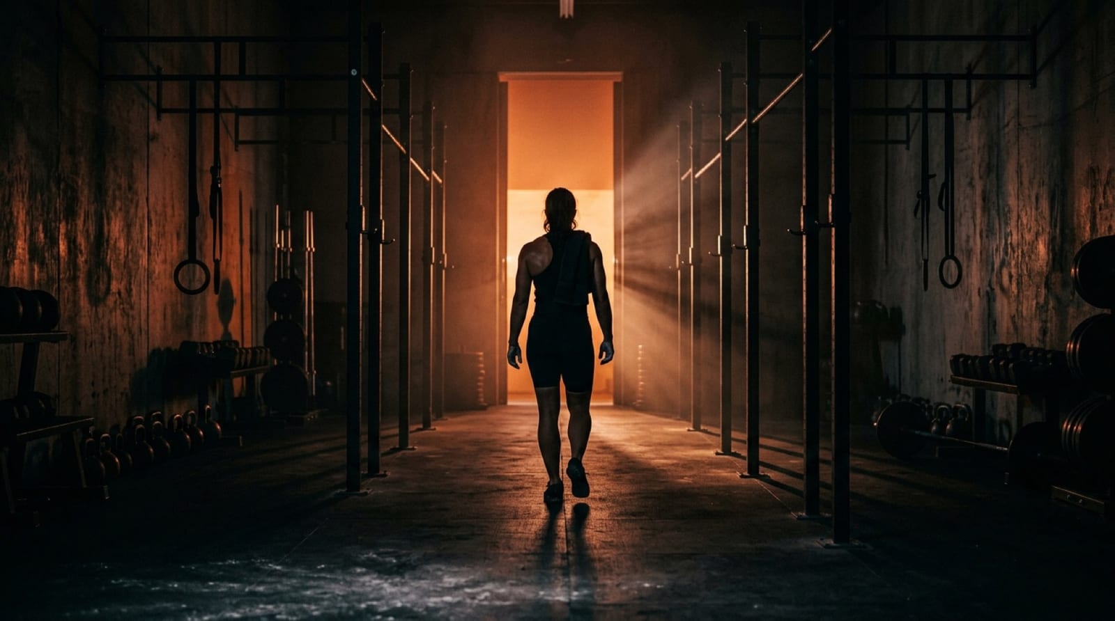 A silhouette walking toward warm orange light in a gym at the end of a session
