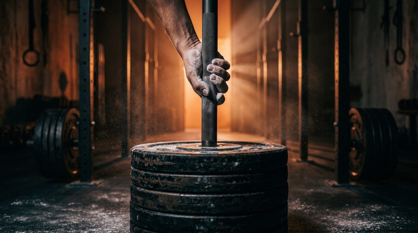 A focused athlete logging a working set in the gym between heavy lifts
