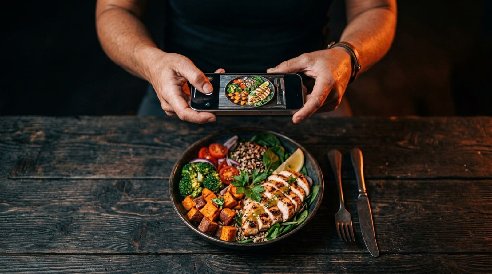Person holding a smartphone over a healthy chicken and quinoa bowl, scanning the food with the Fittrexx app to log its calories and macros